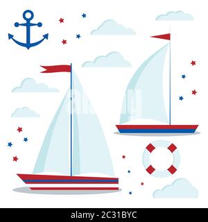 Marine style icon set of blue and red sailboats with one and two sails, clouds, stars, anchor, lifebuoy. Stock Vector