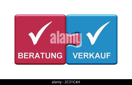 Isolated Puzzle Button red and blue with two pieces showing Sale and Consultation with tick symbol in german language Stock Photo