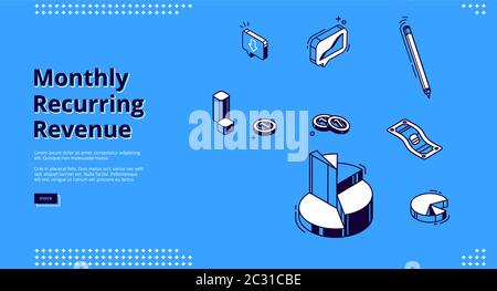 Monthly recurring revenue, mrr isometric landing page. Pie chart, pen, coins and paper money bill on blue background. Budget and income calculation, e Stock Vector