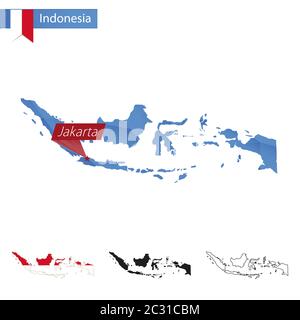 Indonesia blue Low Poly map with capital Jakarta, versions with flag, black and outline. Vector Illustration. Stock Vector