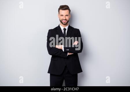 Portrait of confident cool man worker feel like he big company owner cross hands wear formalwear outfit isolated over grey color background Stock Photo
