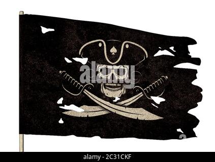 Waving torn pirate flag with a jolly roger Stock Photo