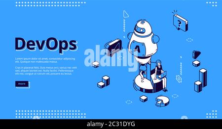 DevOps banner. Concept of development operations, communication of programmers and engineers. Vector landing page of work processes integration with i Stock Vector