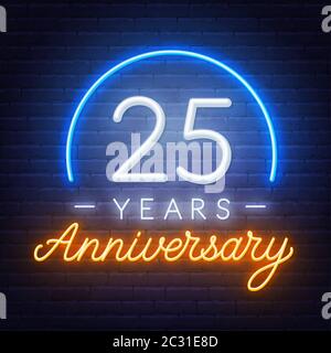 25th anniversary Celebration neon sign on a dark background. Stock Vector