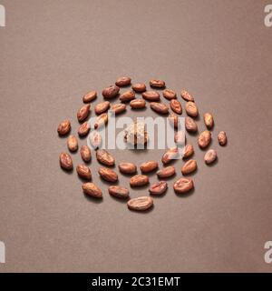 Cacao peas in the shape of round frame with cocoa mass. Stock Photo