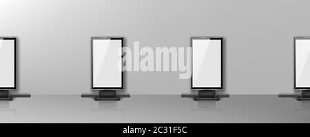 Blank billboards displays in row along grey wall in office hallway. Empty lobby interior with white LCD screen floor stands for advertising. Horizonta Stock Vector