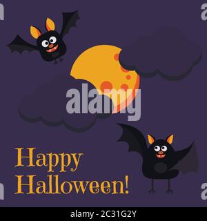 Happy Halloween greeting card with two cute characters black bats flying near full moon. Stock Vector