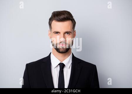 Portrait of focused concentrated businessman stare feel he real expert can solve all start-up problems wear white shirt isolated over grey color Stock Photo