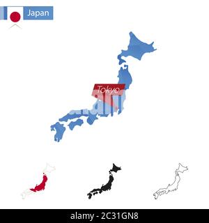 Japan blue Low Poly map with capital Tokyo, four versions of map. Vector Illustration. Stock Vector
