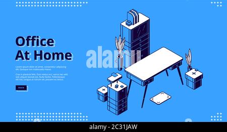 Office at home isometric landing page. Workplace with desk, drawer cabinet, files organizer. Working place table for businessman, analyst or freelance Stock Vector