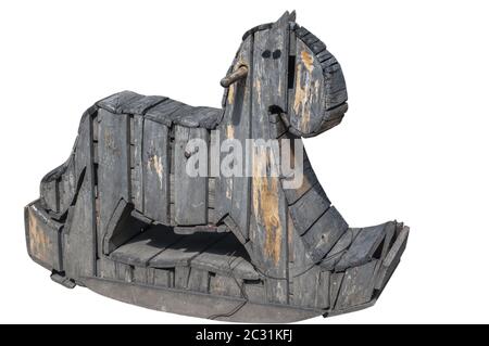 Wooden vintage aged weathered rocking horse toy isolated on white background Stock Photo