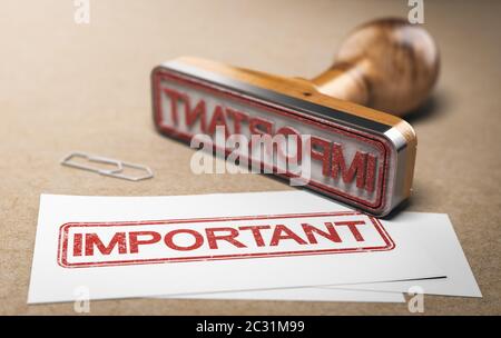 Rubber stamp and business cards with the word important printed on it ...