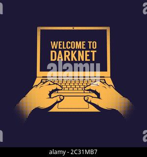 Hands of a hacker entering a darknet on a laptop Stock Vector