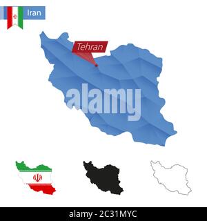 Iran blue Low Poly map with capital Tehran, versions with flag, black and outline. Vector Illustration. Stock Vector