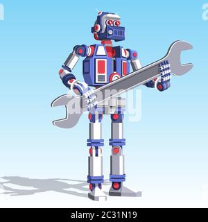Realistic humanoid robot repairman with wrench in his hands Stock Vector