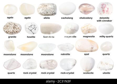 set of various white gemstones with names (ulexite, quartz, howlite, magnesite, natrolite, cacholong, opal, albite, scolecite, moonstone, agate, limes Stock Photo
