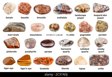 collection of various brown gemstones with names (pietersite, pyrope, jasper, bauxite, topaz, baryte, rhyolite, tiger-eye, marl, eudialyte, tinaksite, Stock Photo