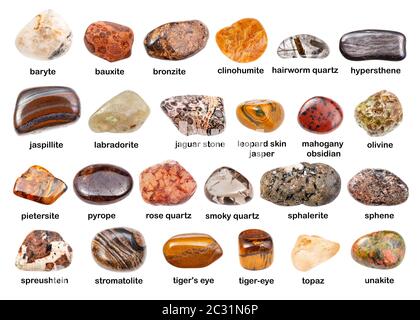 collage of various brown gemstones with names (titanite, bronzite, pietersite, pyrope, bauxite, clinohumite, topaz, baryte, sphalerite, unakite, strom Stock Photo