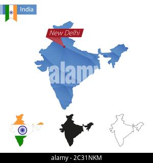 India blue Low Poly map with capital New Delhi, versions with flag, black and outline. Vector Illustration. Stock Vector