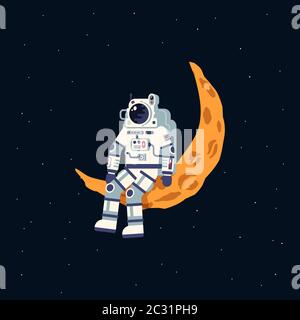 An astronaut in a spacesuit sits on the moon crescent Stock Vector