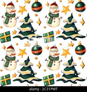 Christmas seamless pattern. Merry background with a snowman, christmas tree, gift box, decorations and stars isolated on a white background. Stock Photo