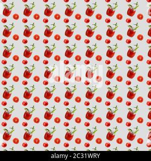 Seamless repeating pattern of glasses with tomato juice and fresh tomatoes.Seamless repeating pattern of glasses with tomato juice and fresh tomatoes Stock Photo
