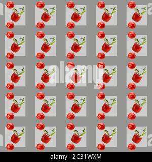 Seamless repeating pattern of glasses with tomato juice and fresh tomatoes.Seamless repeating pattern of glasses with tomato juice and fresh tomatoes Stock Photo