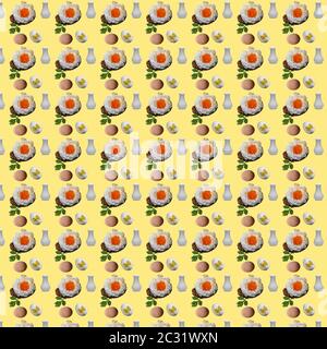 Seamless pattern with repeating breakfast objects. Orsini egg, whole eggs and salt shaker on a yellow background. Stock Photo
