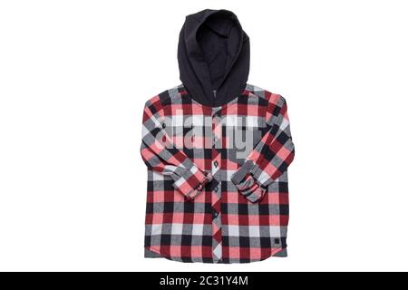 Hoodie isolated. Close-up of a trendy red checkered hoodie shirt with long sleeves for boy isolated on a white background. Childrens spring, autumn an Stock Photo