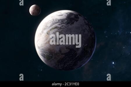 Planet Earth and Moon in warm light of Sun. Solar system. 3D Render. Science fiction Stock Photo