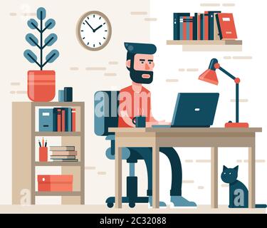 Bearded man with hipster hairdress works on laptop sitting on chair at the table Stock Vector