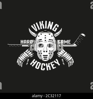 Viking hockey logo with a retro goalkeeper mask with horns Stock Vector