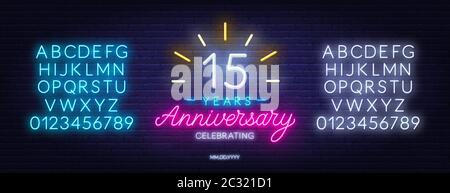 Fifteenth anniversary celebration neon sign on a dark background. Stock Vector