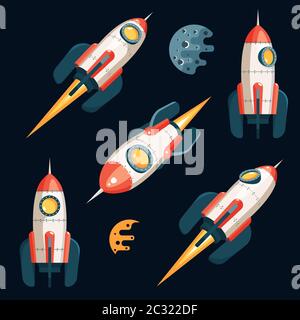 Space Rocket in 3d cartoon style - set from several angles Stock Vector