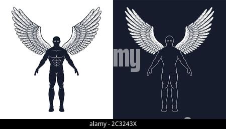 Muscular man with wings is like a superhero or a dark angel Stock Vector