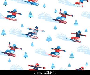 Seamless pattern with moving snowboarders and firs in a flat style Stock Vector