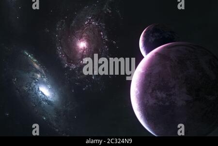 Planets in light of red and blue galaxies somewhere in deep space Stock Photo