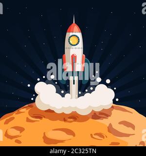 Rocket takes off from the surface of the moon Stock Vector