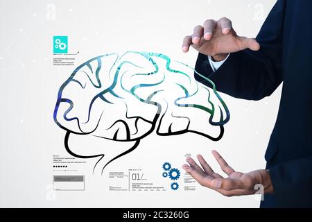 Man showing human brain structure Stock Photo