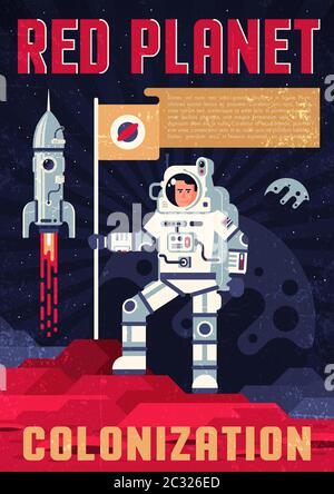 Astronaut in spacesuit with fluttering flag on the surface of another planet Stock Vector
