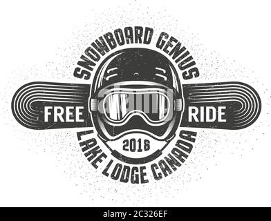 Snowboarding old school logo with helmet sports goggles and snowboard Stock Vector