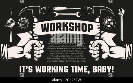 Repair workshop with hands and working tools Stock Vector