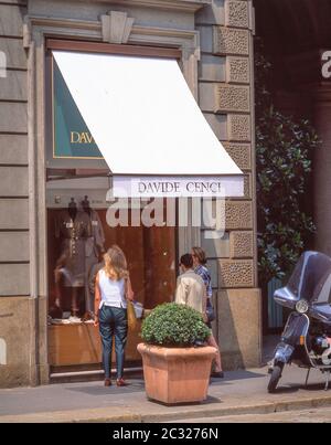 Shop window of Davide Cenci fashion store, Via Alessandro Manzoni, Milano (Milan), Milan Province, Lombardy Region, Italy Stock Photo