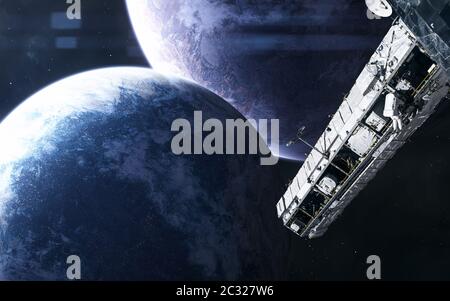 Space station among planets in deep space Stock Photo