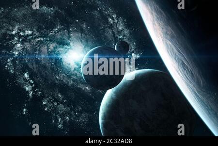 Planets of deep space on background of blue galaxy Stock Photo