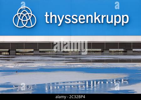 Sign with logo at the corporate headquarters of ThyssenKrupp, Essen, Ruhr area, Germany, Europe Stock Photo