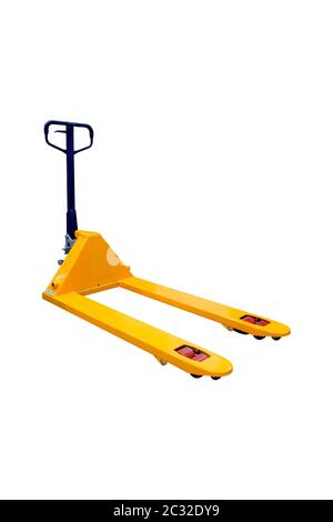 Yellow mobile pallet truck, isolated on white background Stock Photo