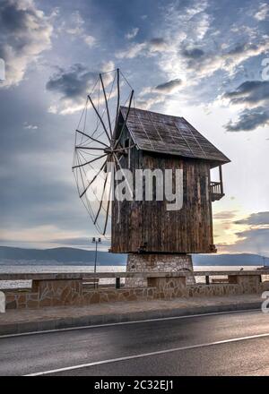 Nessebar, Bulgaria – 07.10.2019.  Old windmill on the way to the ancient city of Nessebar in Bulgaria Stock Photo