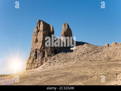 skeletons of the walls of the ancient fortresses of Khorezm in the desert. Uzbekistan Stock Photo