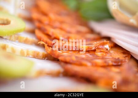 wll decorated party catering food,pepproni and salami,shallow dof Stock Photo